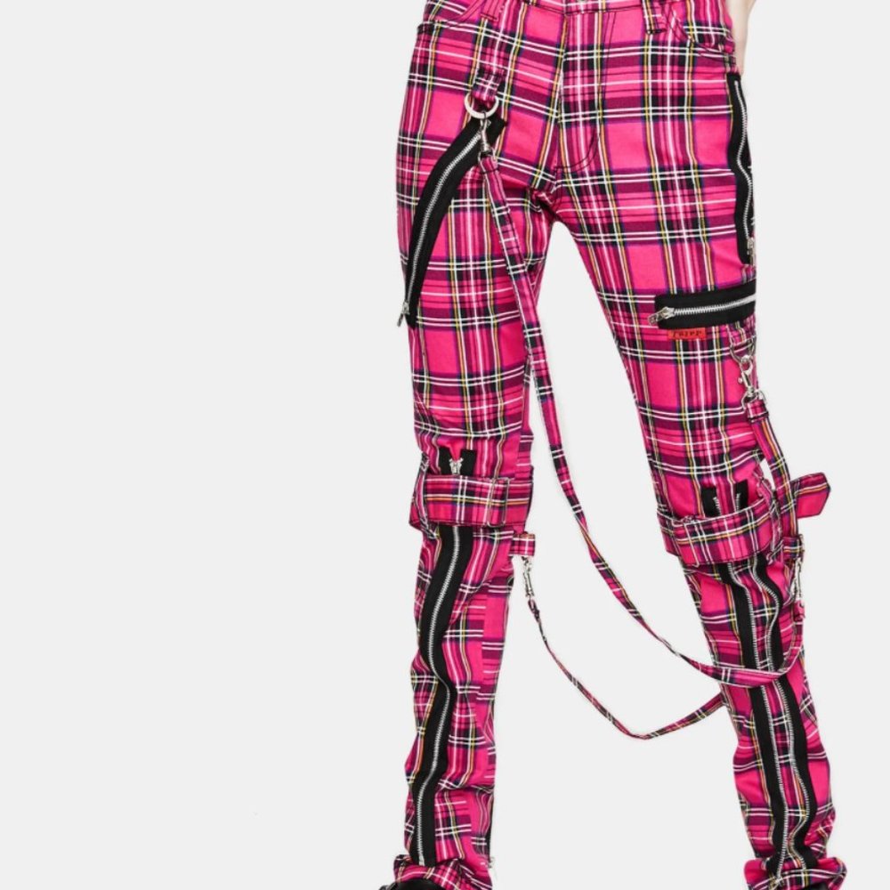 NWT Tripp NYC Neon Pink Black Plaid Bondage Pants